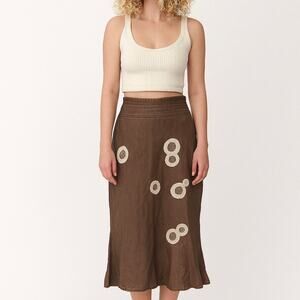 Motivi Italian Made Y2K Brown Linen Embroidered Boho Coastal Fairy Skirt Medium